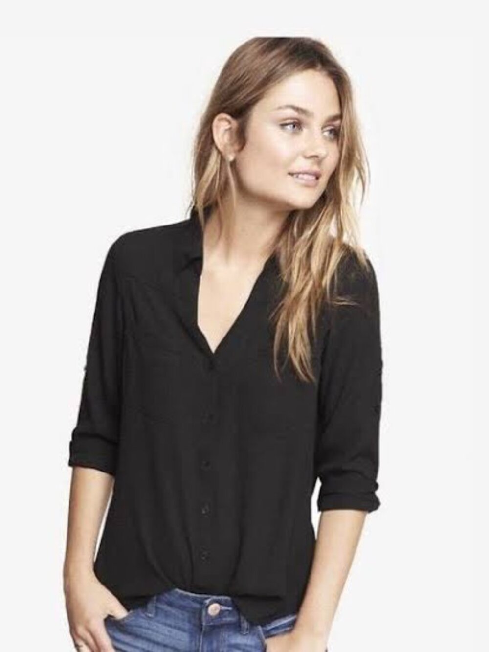 Express Portofino V-Neck Button-Down Shirt in Black